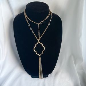 Gold Tone Moroccan Shape Pendant and Tassel Necklace